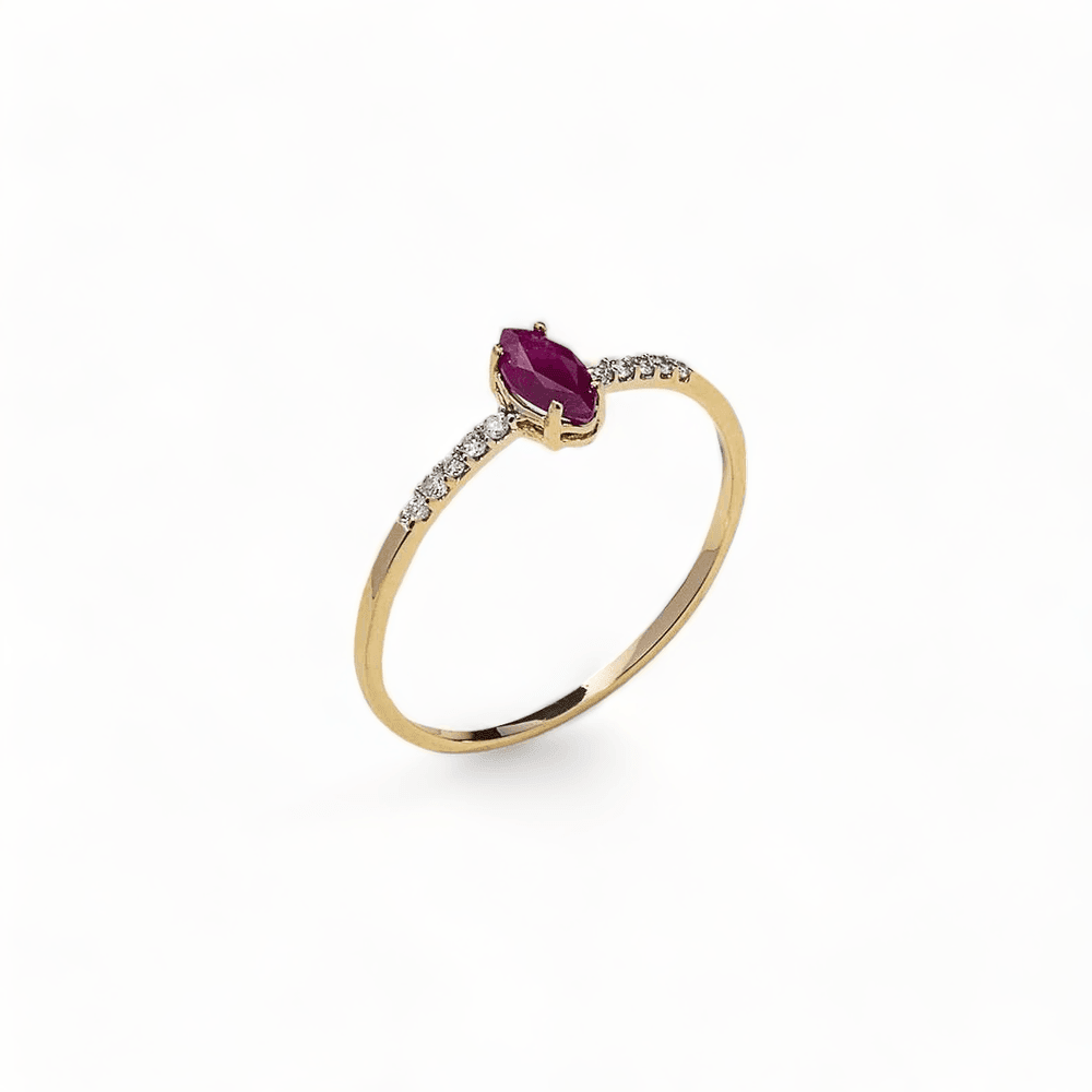 Anel Em Ouro 18K Com Pedra Navete Em Rubi Com Diamantes 0,05Ct - Lisjoias