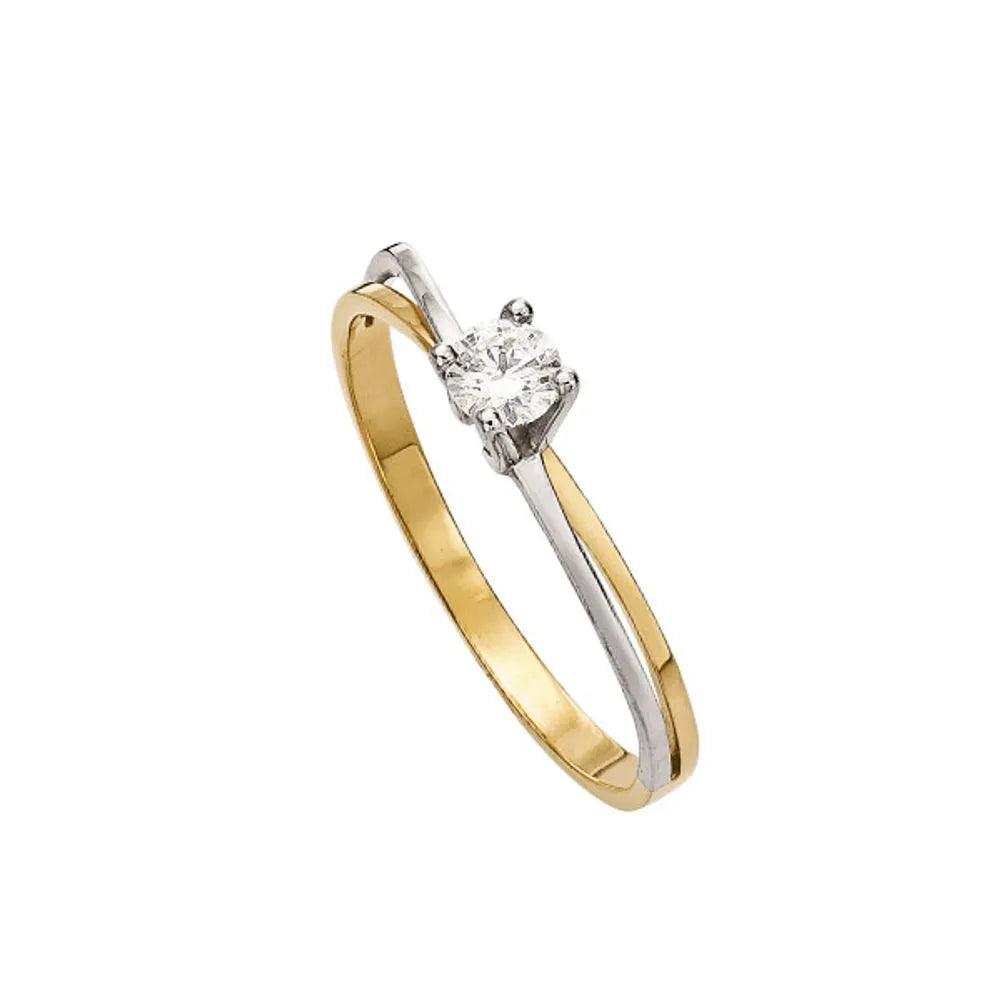 Anel Solitário Em Ouro Amarelo E Branco 18K Com Diamante 0,15Ct - Lisjoias